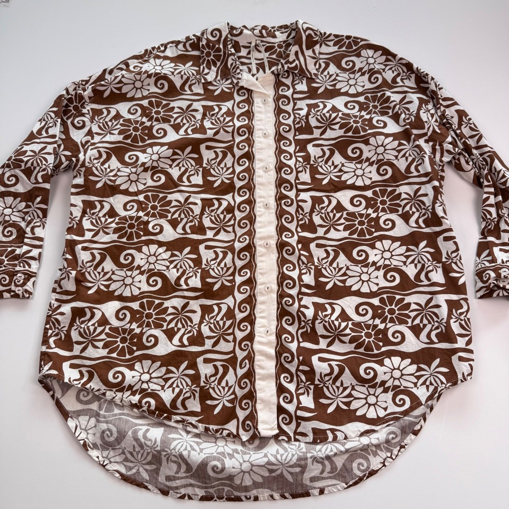 Anthropologie Brown Ivory Floral Palm Print Button Down Shirt Medium Poplin